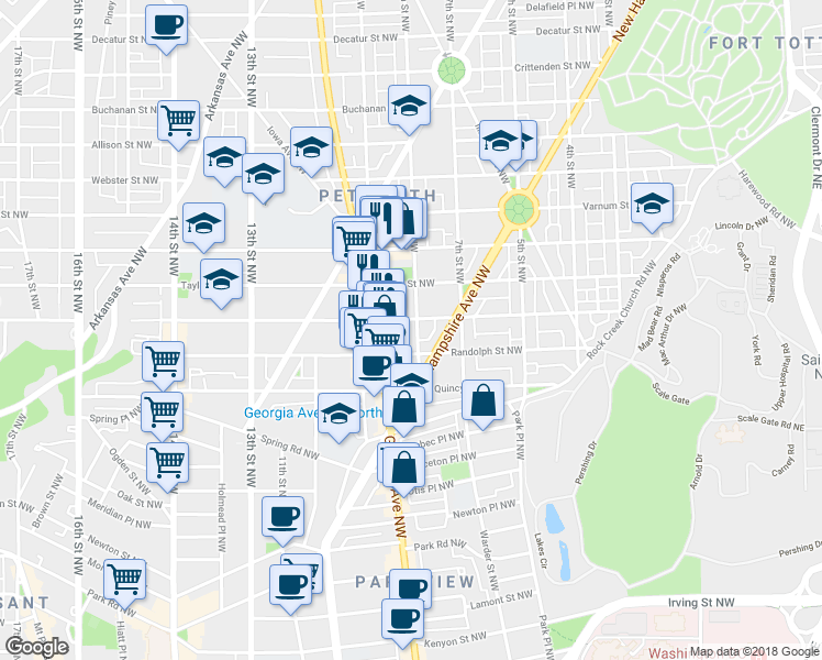 map of restaurants, bars, coffee shops, grocery stores, and more near 3916 8th Street Northwest in Washington