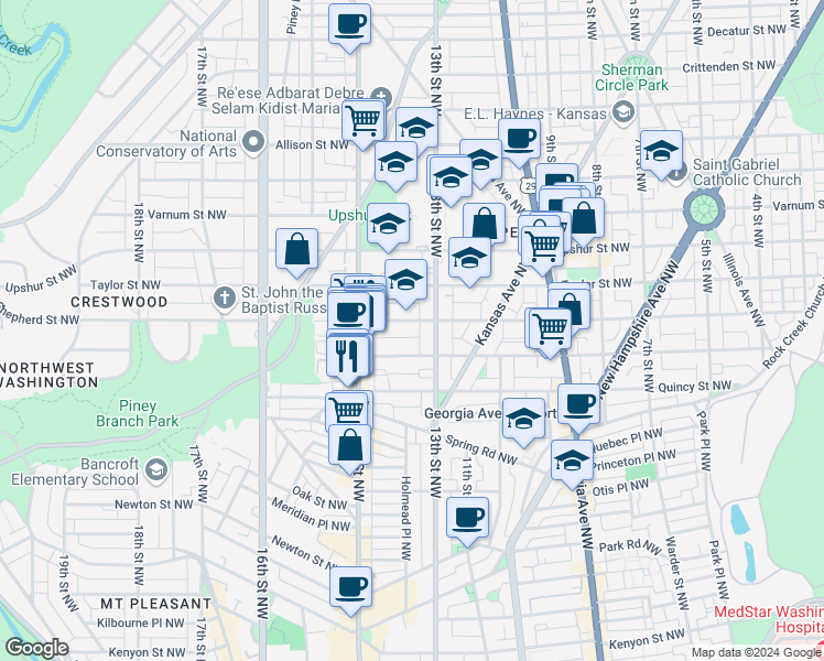 map of restaurants, bars, coffee shops, grocery stores, and more near 1318 Shepherd Street Northwest in Washington