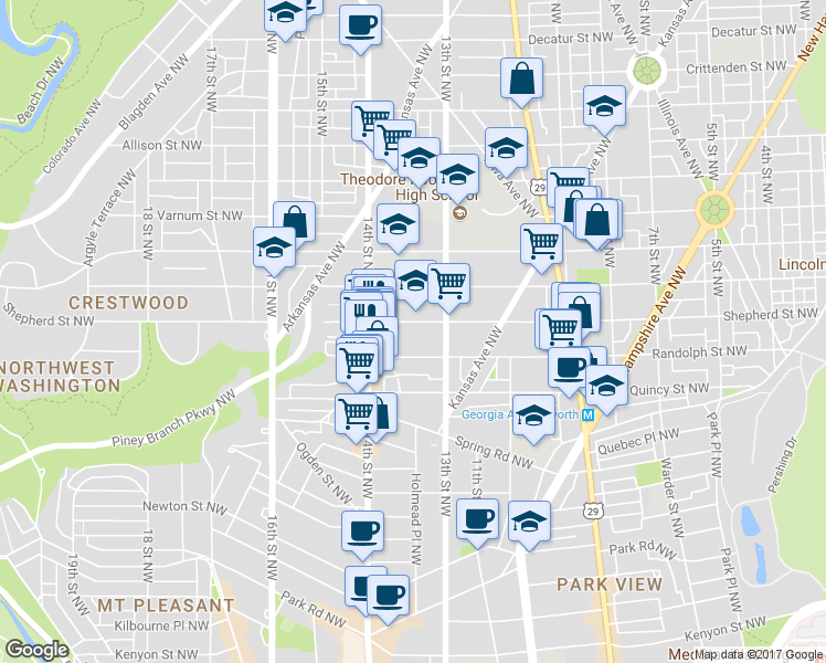map of restaurants, bars, coffee shops, grocery stores, and more near 1328 Shepherd Street Northwest in Washington