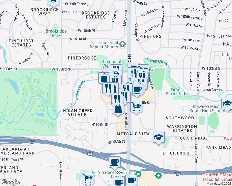 map of restaurants, bars, coffee shops, grocery stores, and more near 10428 Metcalf Avenue in Overland Park