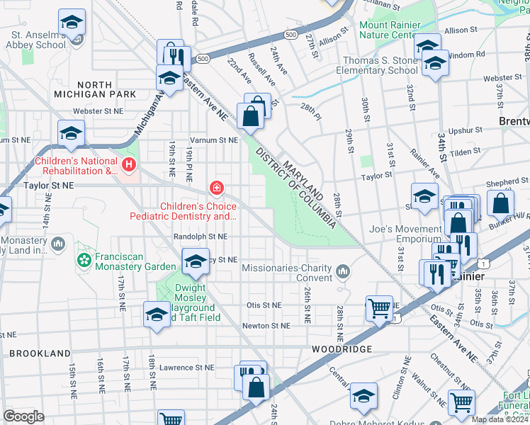 map of restaurants, bars, coffee shops, grocery stores, and more near 2225 Shepherd Street Northeast in Washington
