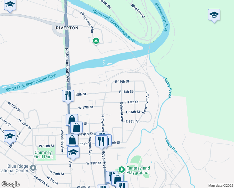 map of restaurants, bars, coffee shops, grocery stores, and more near 9 East 18th Street in Front Royal