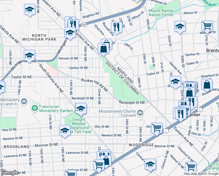 map of restaurants, bars, coffee shops, grocery stores, and more near 2225 Shepherd Street Northeast in Washington