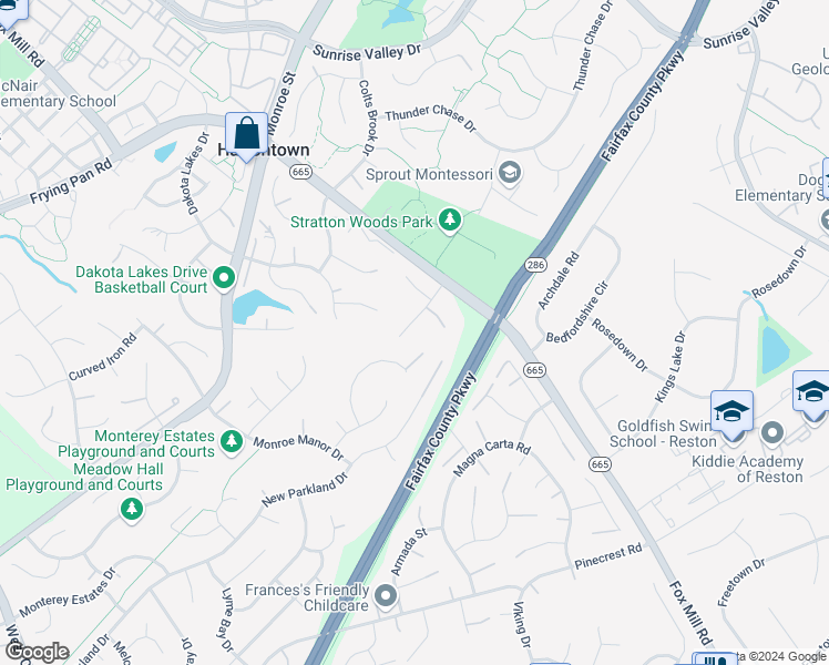 map of restaurants, bars, coffee shops, grocery stores, and more near 2425 Mill Heights Drive in Herndon
