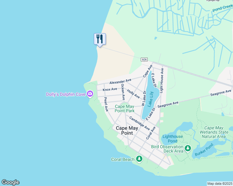 map of restaurants, bars, coffee shops, grocery stores, and more near 312 Knox Avenue in Cape May Point