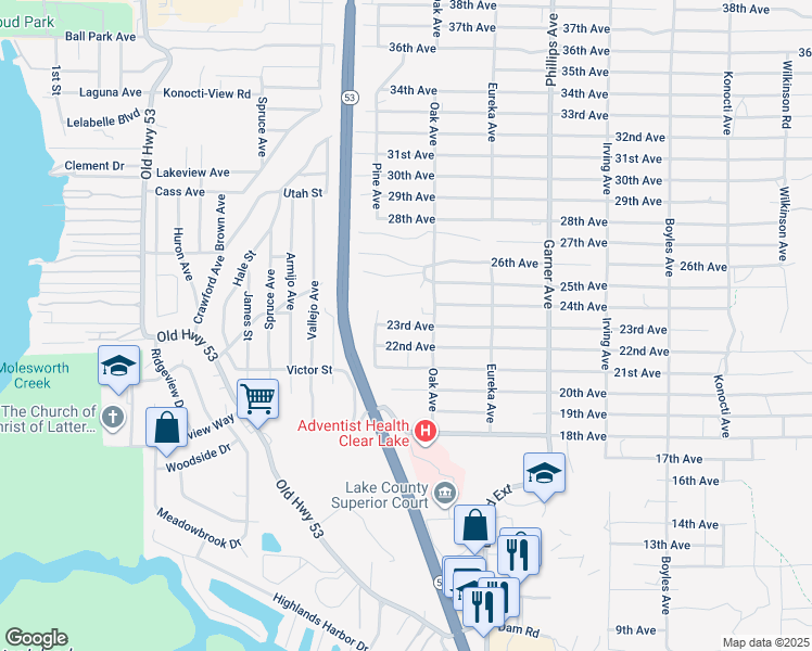 map of restaurants, bars, coffee shops, grocery stores, and more near 15915 23rd Avenue in Clearlake