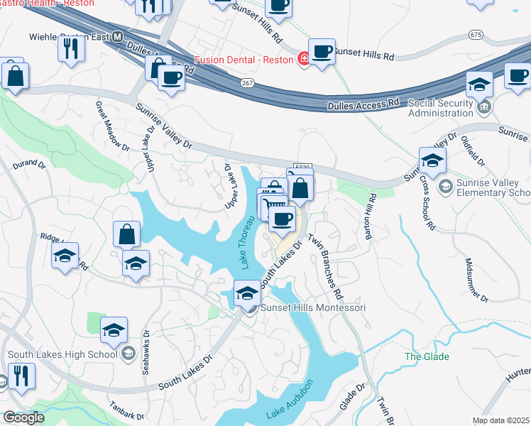 map of restaurants, bars, coffee shops, grocery stores, and more near 1999 Lakeport Way in Reston