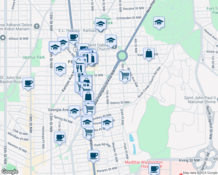 map of restaurants, bars, coffee shops, grocery stores, and more near 3925 7th Street Northwest in Washington