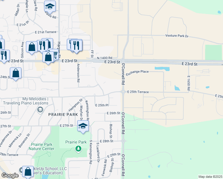 map of restaurants, bars, coffee shops, grocery stores, and more near 2142 East 25th Terrace in Lawrence