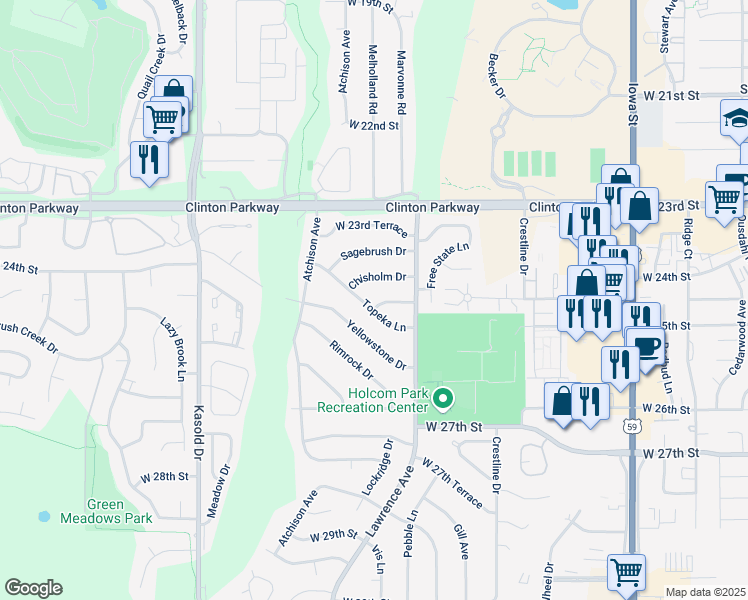 map of restaurants, bars, coffee shops, grocery stores, and more near 2913 Chisholm Drive in Lawrence