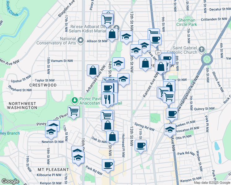 map of restaurants, bars, coffee shops, grocery stores, and more near 1362 Shepherd Street Northwest in Washington