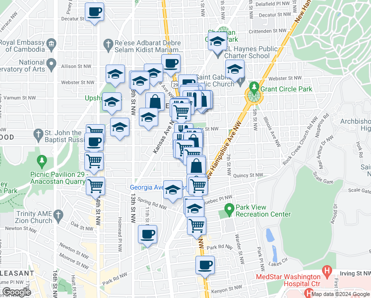 map of restaurants, bars, coffee shops, grocery stores, and more near 3936 Georgia Avenue Northwest in Washington