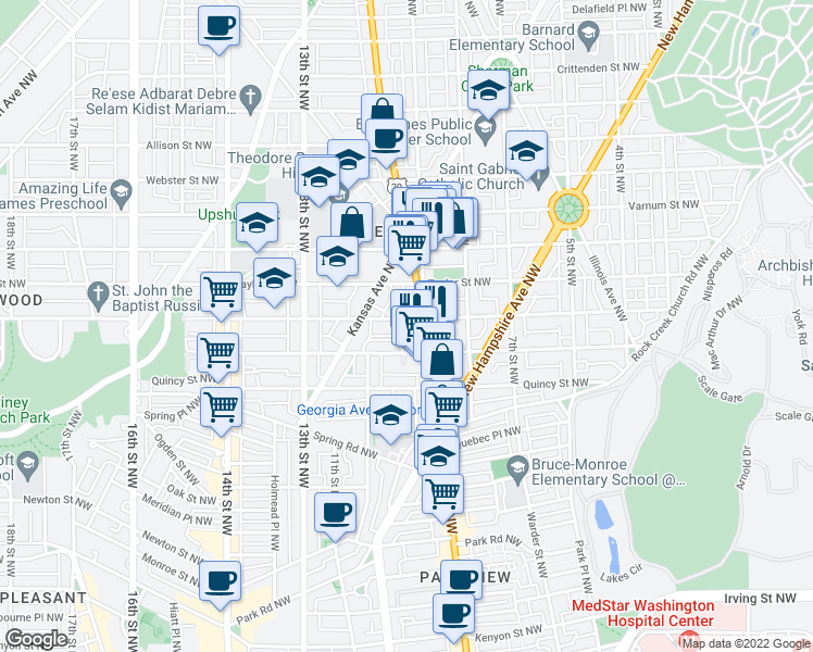 map of restaurants, bars, coffee shops, grocery stores, and more near 912 Shepherd Street Northwest in Washington