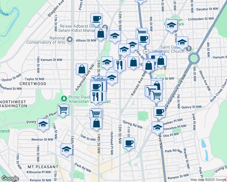 map of restaurants, bars, coffee shops, grocery stores, and more near 1318 Shepherd Street Northwest in Washington