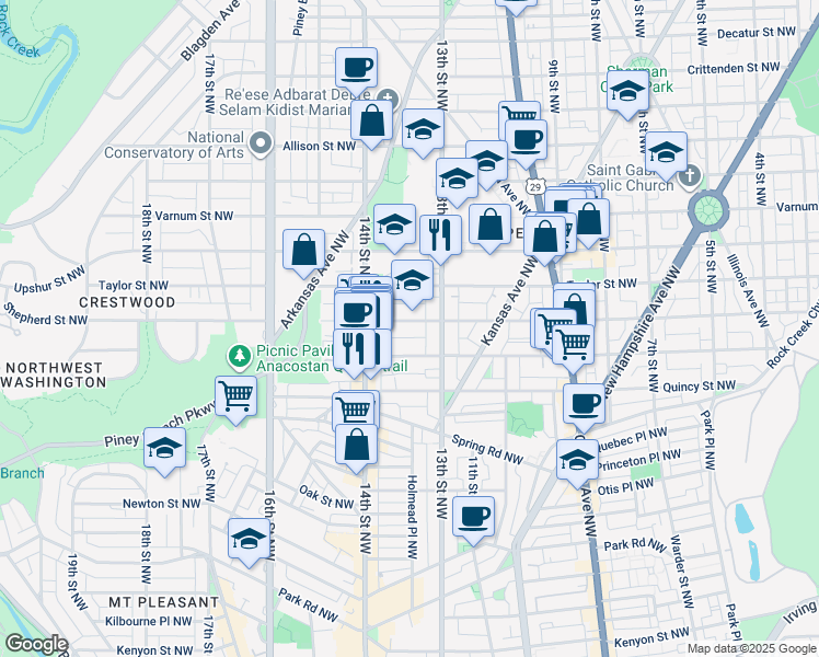map of restaurants, bars, coffee shops, grocery stores, and more near 1328 Shepherd Street Northwest in Washington