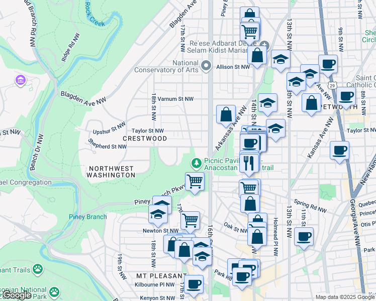 map of restaurants, bars, coffee shops, grocery stores, and more near 1700 Shepherd Street Northwest in Washington
