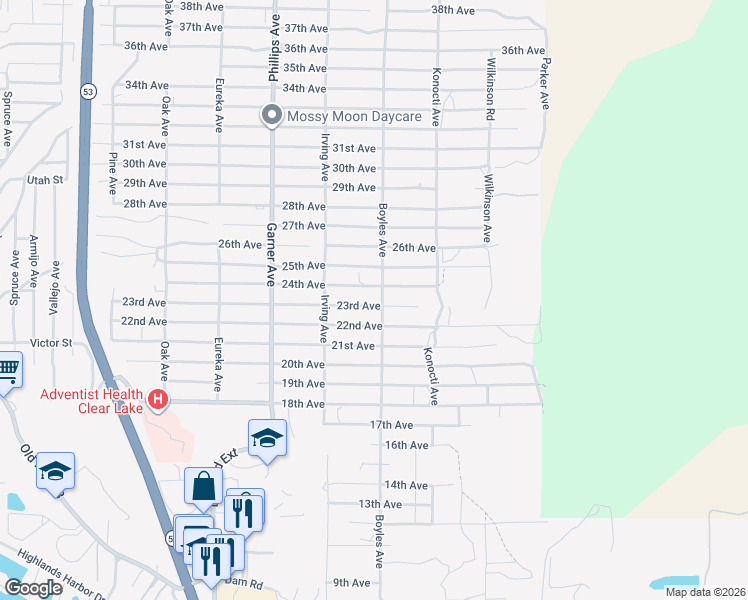 map of restaurants, bars, coffee shops, grocery stores, and more near 16122 23rd Avenue in Clearlake