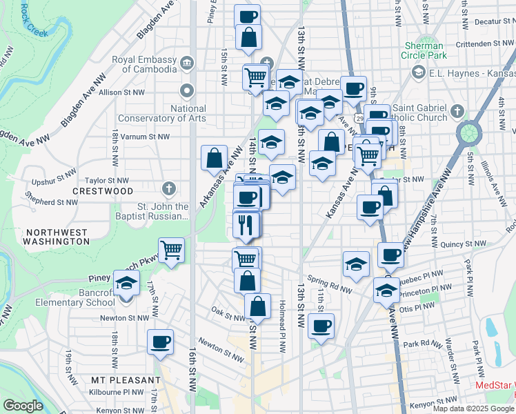 map of restaurants, bars, coffee shops, grocery stores, and more near 3931 14th Street Northwest in Washington