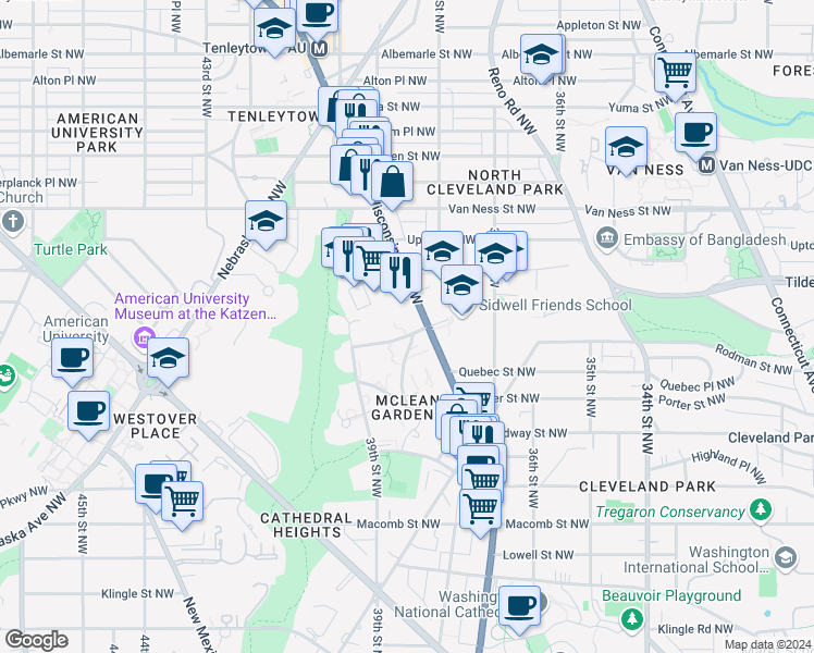 map of restaurants, bars, coffee shops, grocery stores, and more near 3815 Rodman Street Northwest in Washington