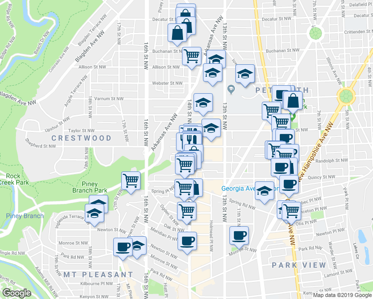 map of restaurants, bars, coffee shops, grocery stores, and more near 3932 14th Street Northwest in Washington