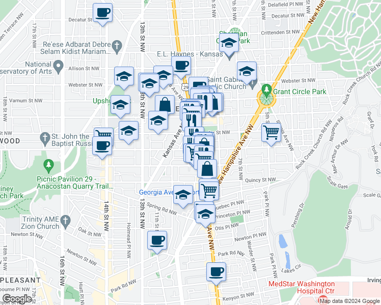 map of restaurants, bars, coffee shops, grocery stores, and more near 912 Shepherd Street Northwest in Washington