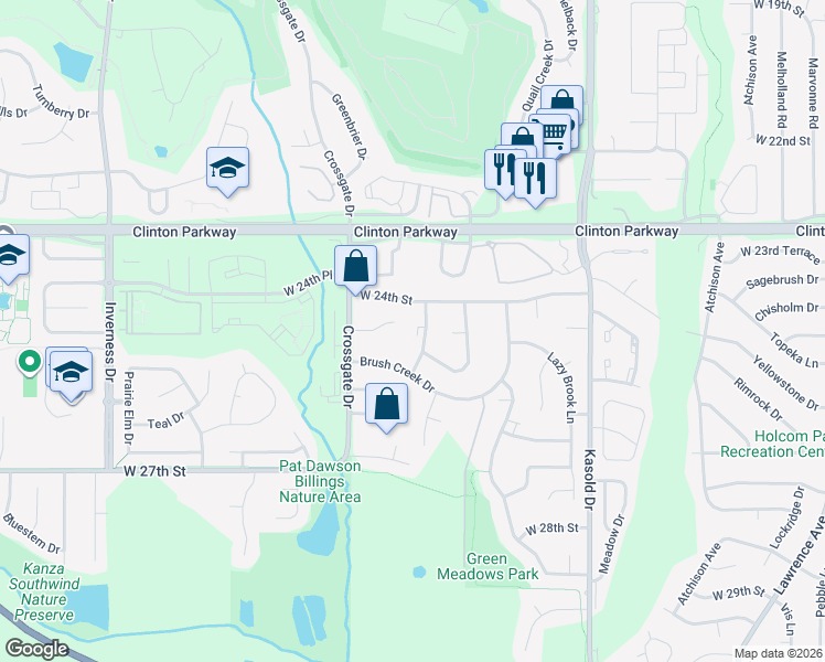 map of restaurants, bars, coffee shops, grocery stores, and more near 2405 Morningside Drive in Lawrence