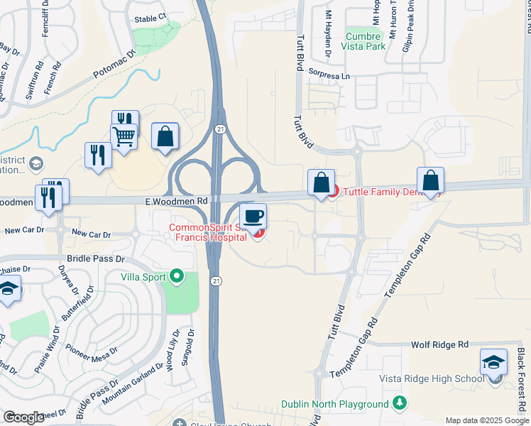 map of restaurants, bars, coffee shops, grocery stores, and more near 6071 East Woodmen Road in Colorado Springs