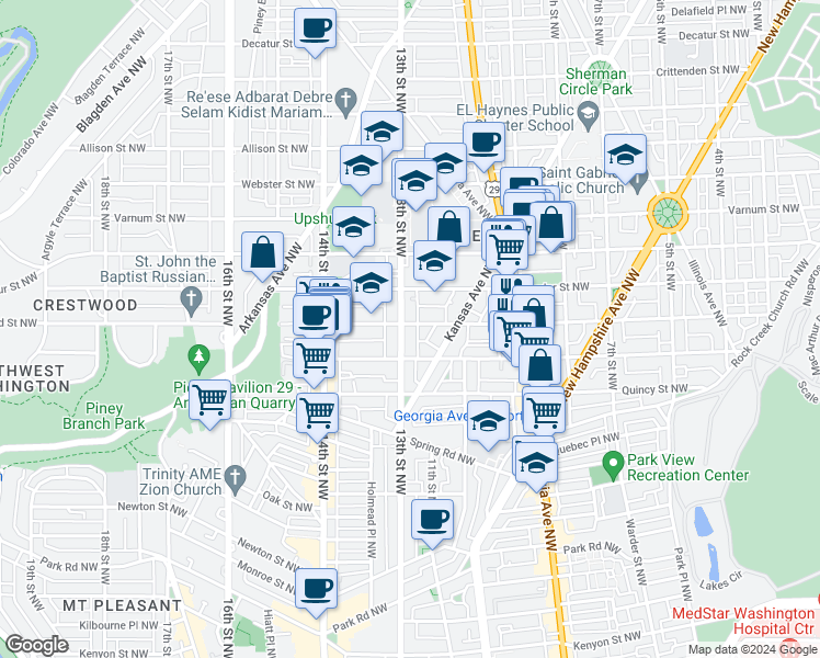 map of restaurants, bars, coffee shops, grocery stores, and more near 1236 Shepherd Street Northwest in Washington