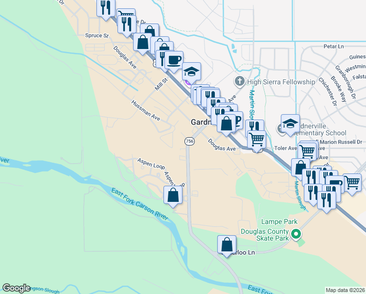 map of restaurants, bars, coffee shops, grocery stores, and more near 1206 Gilman Avenue in Gardnerville
