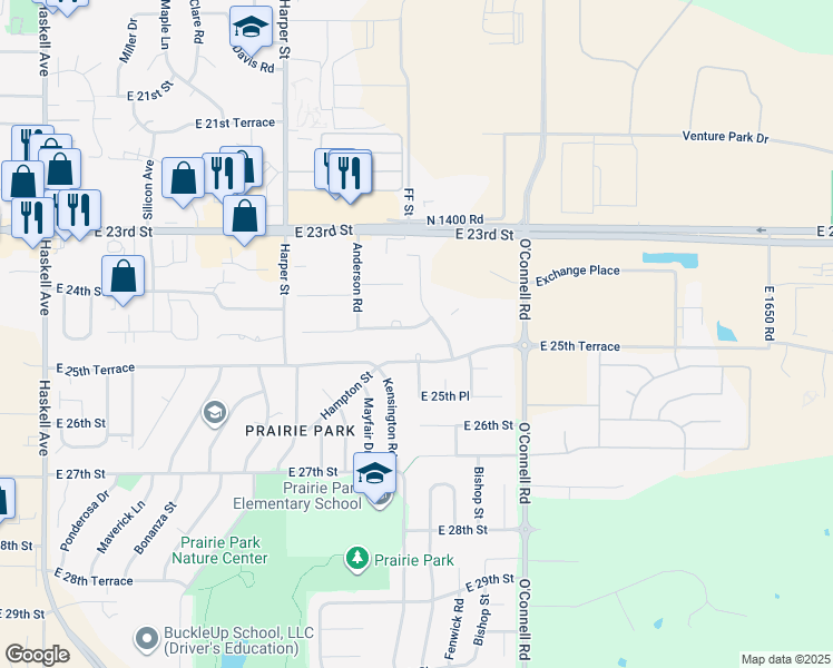map of restaurants, bars, coffee shops, grocery stores, and more near 2015 East 24th Terrace in Lawrence