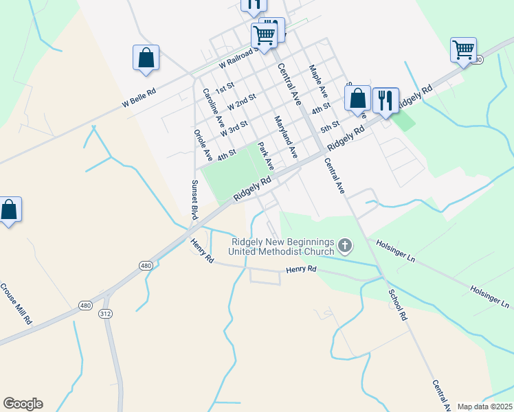 map of restaurants, bars, coffee shops, grocery stores, and more near 12072 School Street in Ridgely
