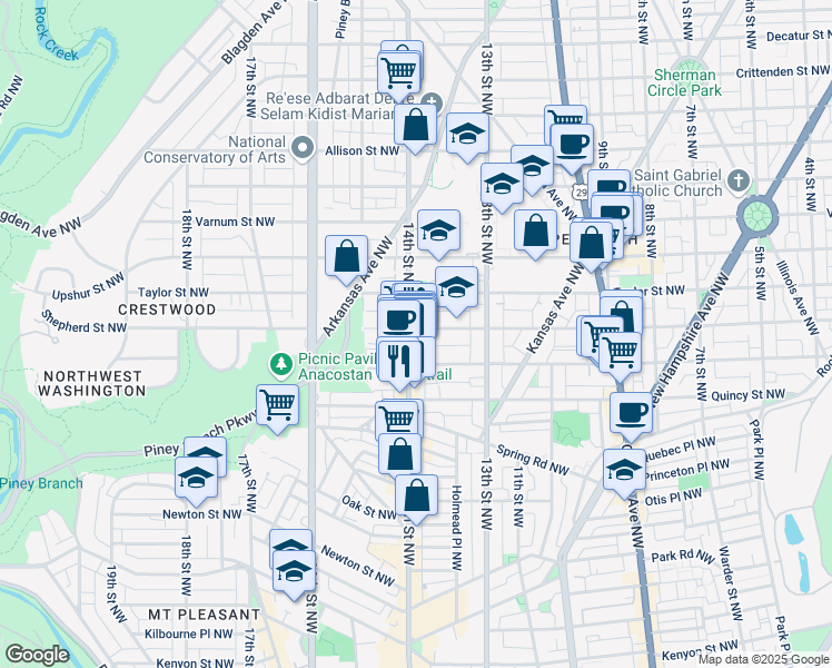 map of restaurants, bars, coffee shops, grocery stores, and more near 3933 14th Street Northwest in Washington