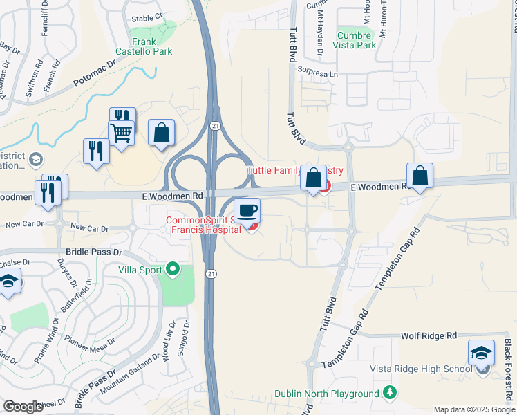 map of restaurants, bars, coffee shops, grocery stores, and more near 6073 Sisters Grove in Colorado Springs