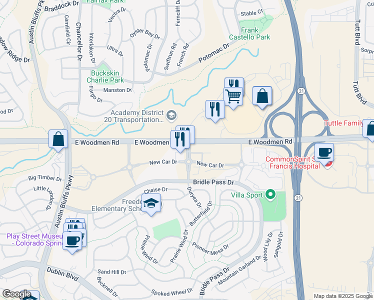 map of restaurants, bars, coffee shops, grocery stores, and more near 7390 Duryea Drive in Colorado Springs