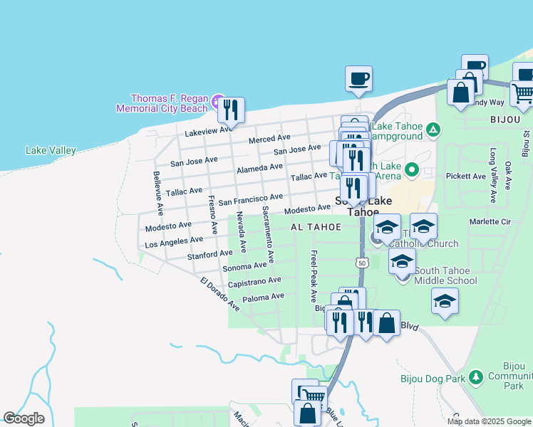 map of restaurants, bars, coffee shops, grocery stores, and more near 850 San Francisco Avenue in South Lake Tahoe