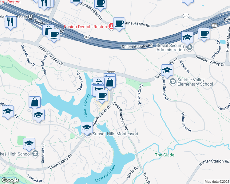 map of restaurants, bars, coffee shops, grocery stores, and more near 1951 Sagewood Lane in Reston