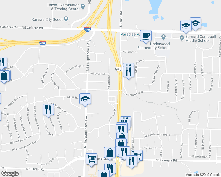 map of restaurants, bars, coffee shops, grocery stores, and more near 890 Route 291 in Lee's Summit