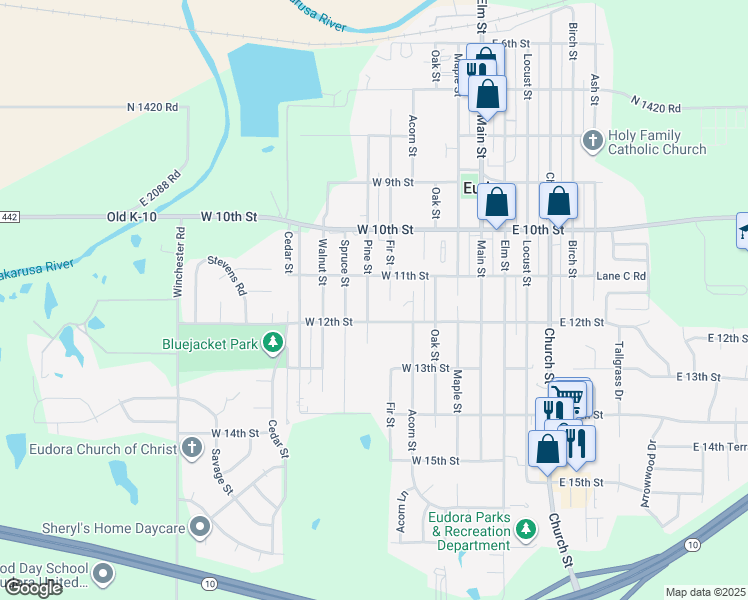 map of restaurants, bars, coffee shops, grocery stores, and more near 1107 Fir St in Eudora