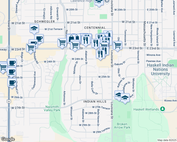 map of restaurants, bars, coffee shops, grocery stores, and more near 2406 Alabama Street in Lawrence