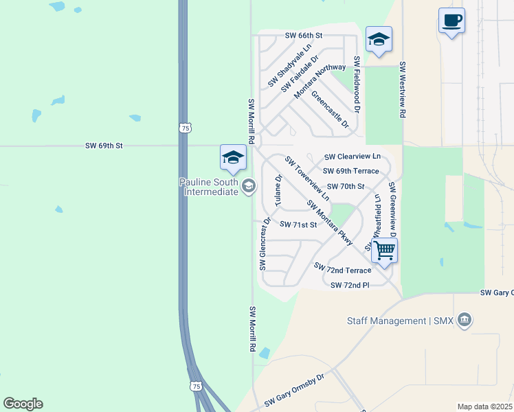 map of restaurants, bars, coffee shops, grocery stores, and more near 7013 Southwest Crestwood Drive in Topeka