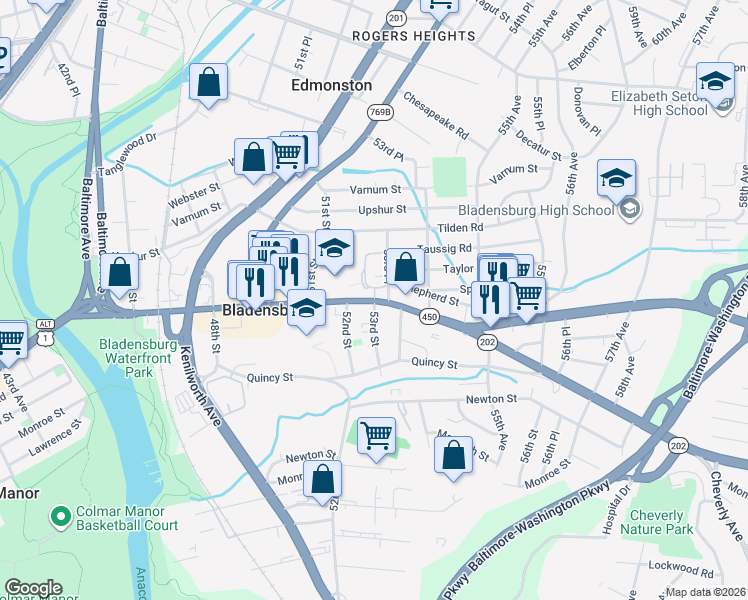 map of restaurants, bars, coffee shops, grocery stores, and more near Annapolis Rd & 53rd St in Bladensburg