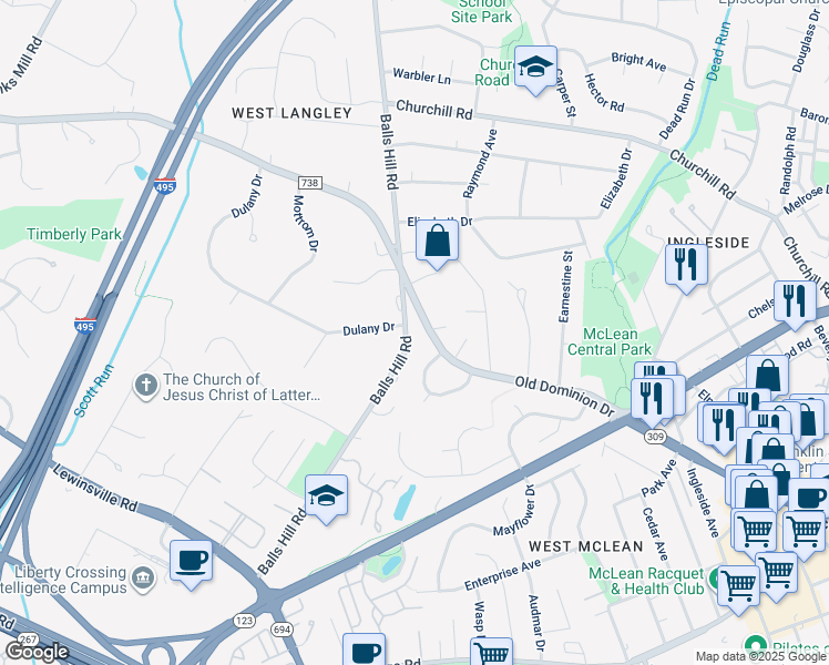 map of restaurants, bars, coffee shops, grocery stores, and more near 7139 Old Dominion Drive in McLean