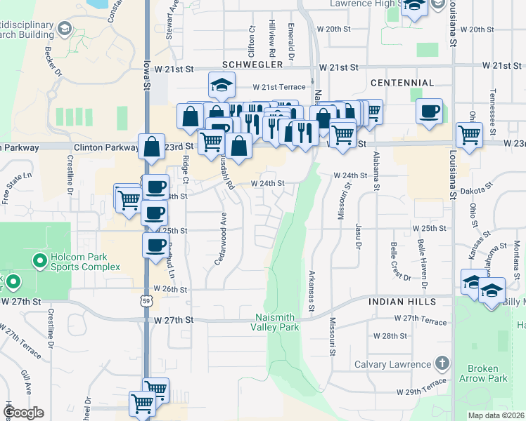 map of restaurants, bars, coffee shops, grocery stores, and more near 1301 West 24th Street in Lawrence