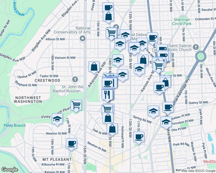 map of restaurants, bars, coffee shops, grocery stores, and more near 3934 14th Street Northwest in Washington