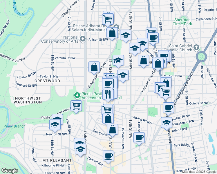 map of restaurants, bars, coffee shops, grocery stores, and more near 3934 14th Street Northwest in Washington