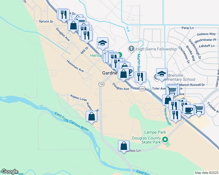 map of restaurants, bars, coffee shops, grocery stores, and more near 1207 Gilman Ave in Gardnerville