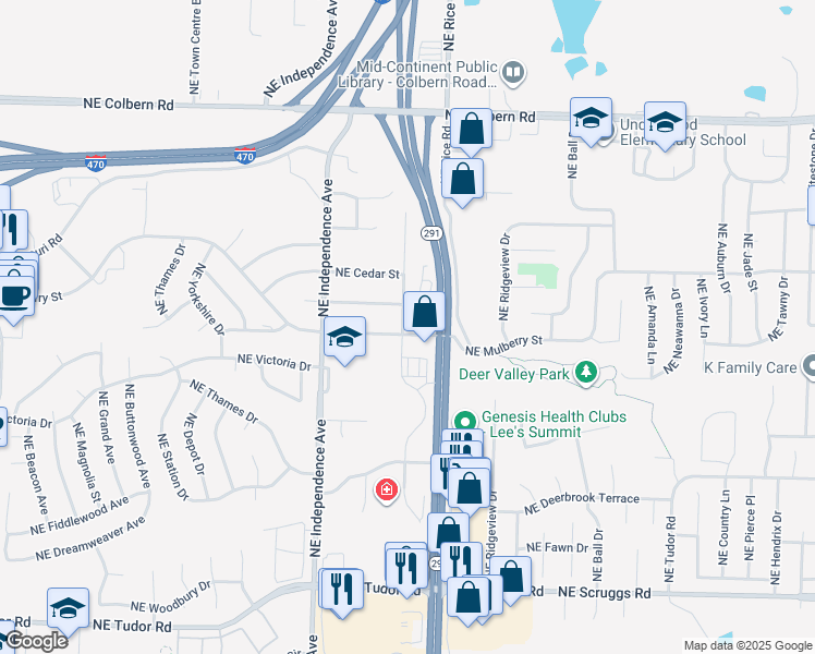map of restaurants, bars, coffee shops, grocery stores, and more near 1507 Northeast White Drive in Lee's Summit