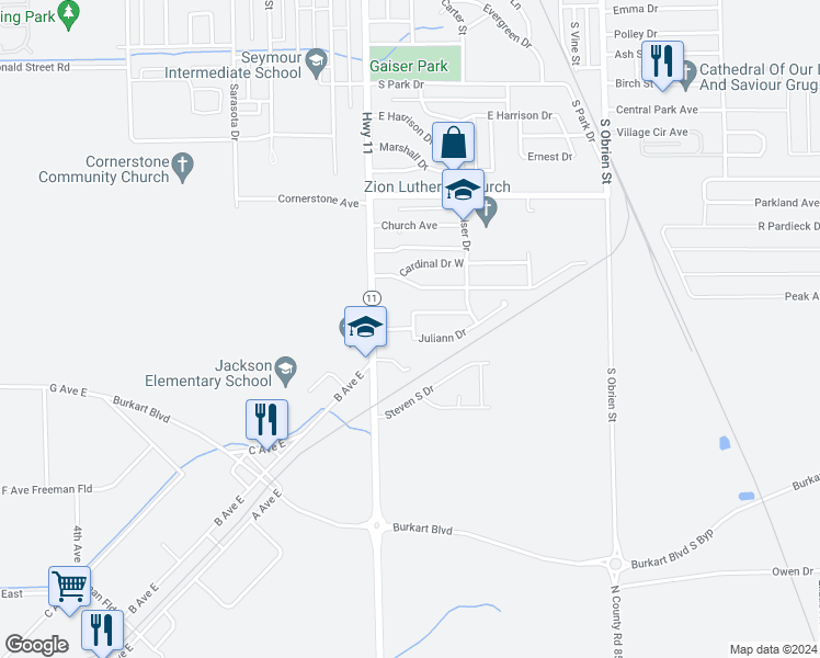 map of restaurants, bars, coffee shops, grocery stores, and more near 321 Glenbrook Drive in Seymour