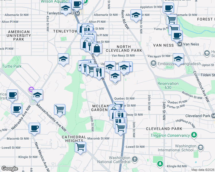 map of restaurants, bars, coffee shops, grocery stores, and more near 3845 Wisconsin Avenue Northwest in Washington