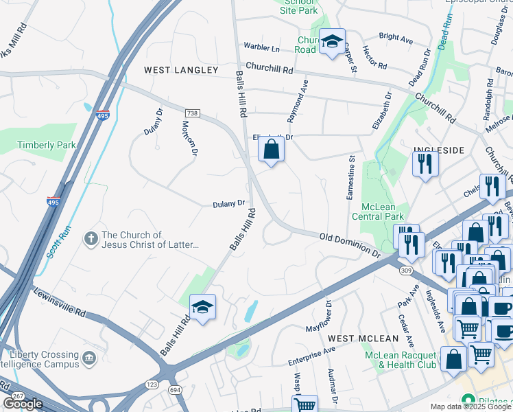 map of restaurants, bars, coffee shops, grocery stores, and more near 7139 Old Dominion Drive in McLean